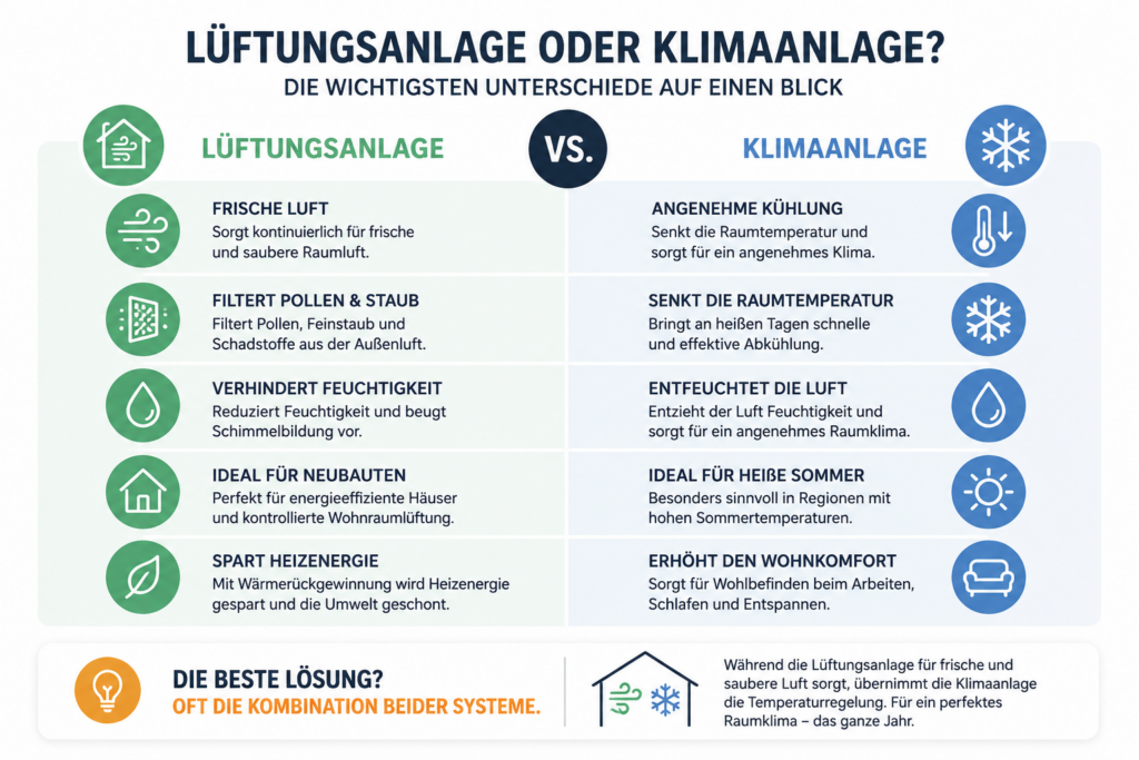 Infografik zur Wahl zwischen Lüftungsanlage und Klimaanlage für mehr Wohnkomfort